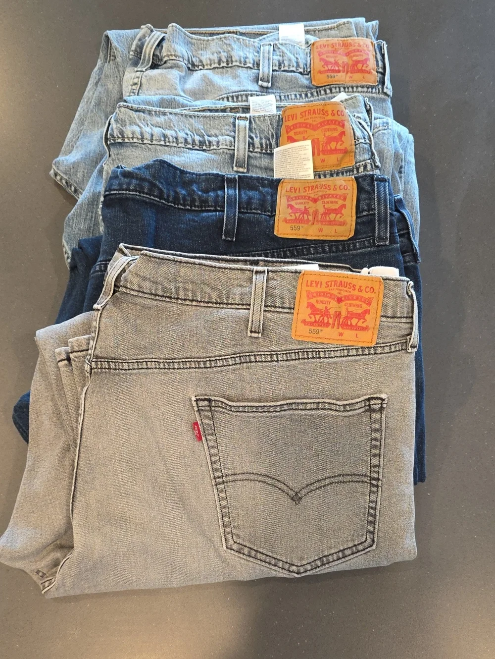 Levi's 559 Mens Straight Leg Jeans - Light Gray, Dark Blue, Light Blue.  4 Pair